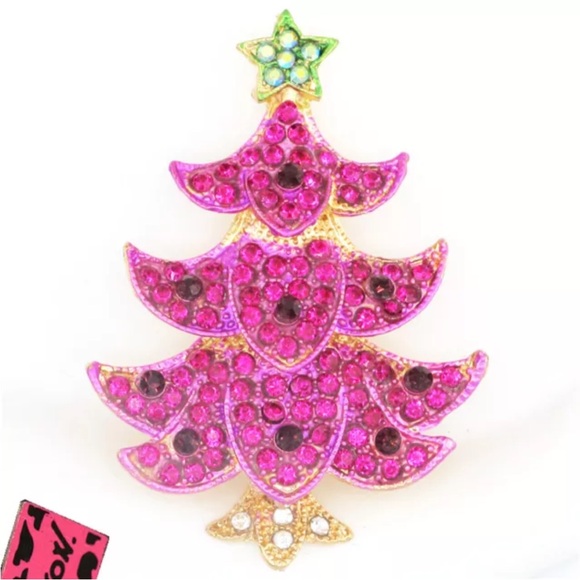 NWT Betsy Johnson Hot Rose and crystal Christmas Tree Brooch. - Picture 7 of 7